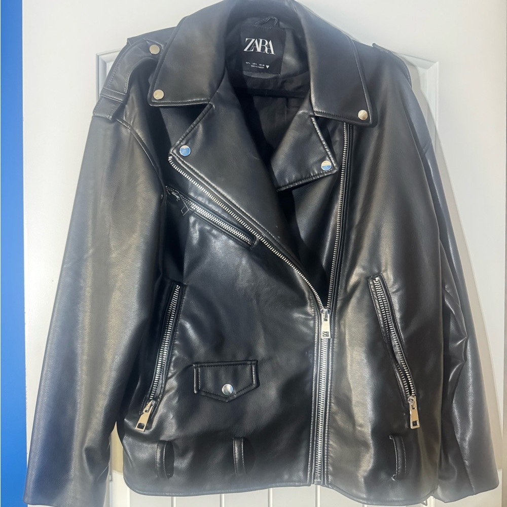 Zara Shiny Black Faux Leather Biker Jacket